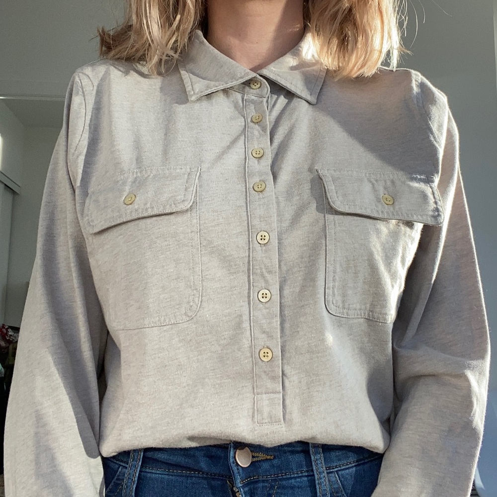 3/$30 soft casual, light grey button up top.